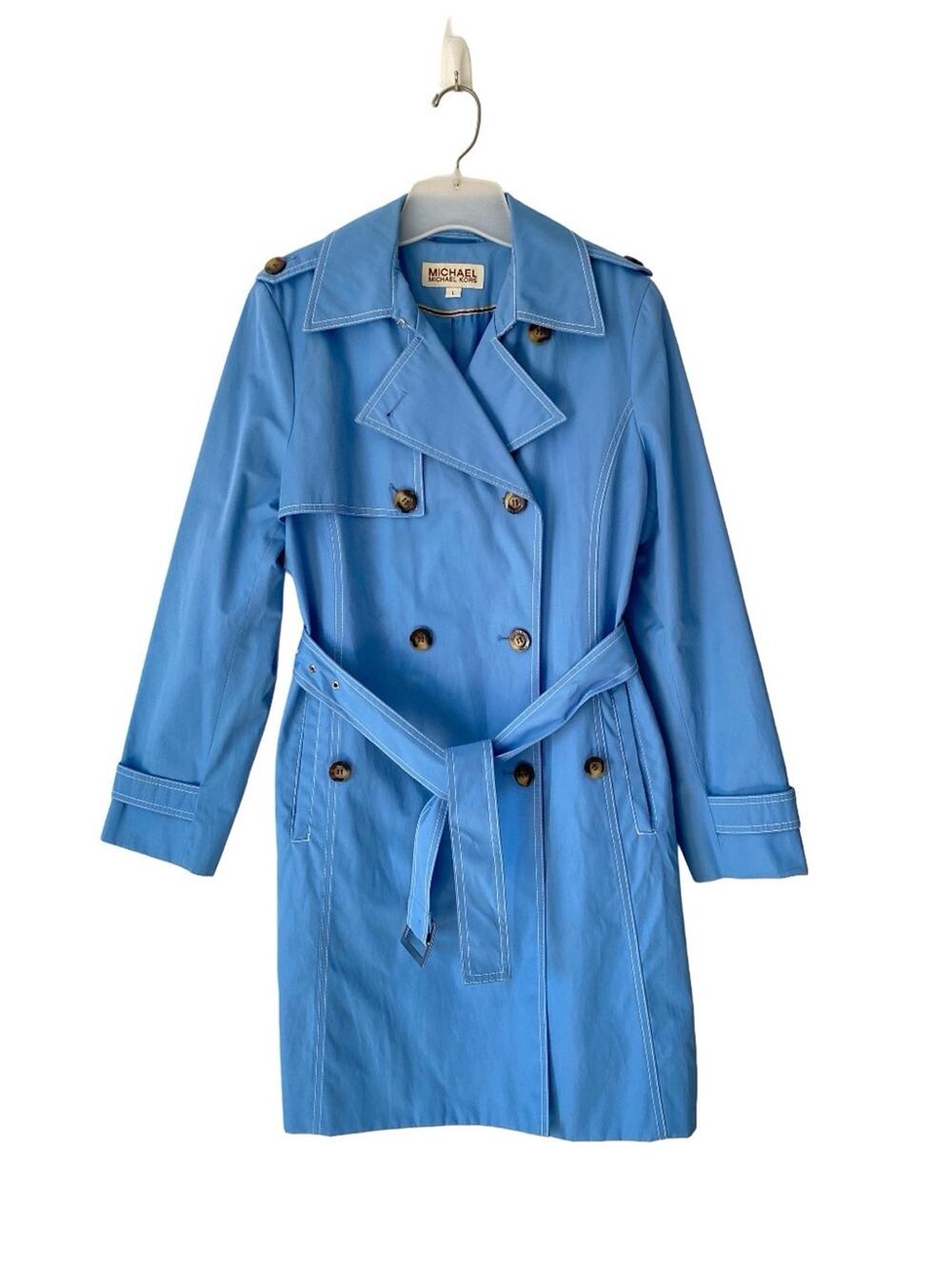 Michael Michael Kors Blue Belted Top Stitched Trench Rain Coat size large